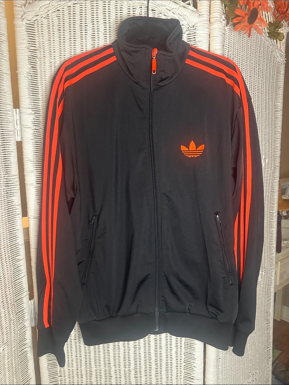 adidas Black Jacket with Bright Orange Stripes